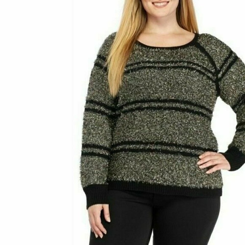 𝅺ruby Rd Black Silver Eyelash Long Sleeve Scoop Neck Sweater Plus Size 1X NWT